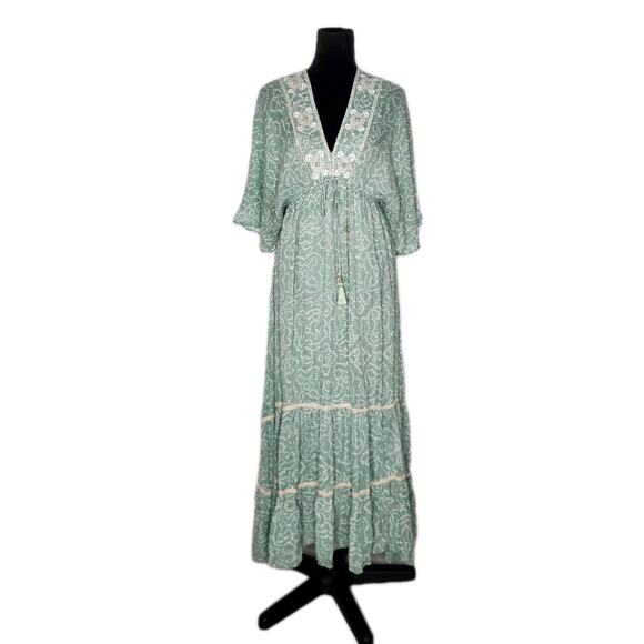 Zury Dresses & Skirts - Zury Boho Maxi Dress Sage Green Gold Sequin Embroidered Tassel Tiered OS